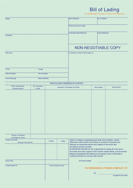 In bill of lading - In Tân Vina - Công Ty Cổ Phần In Và Thương Mại Tân Vina